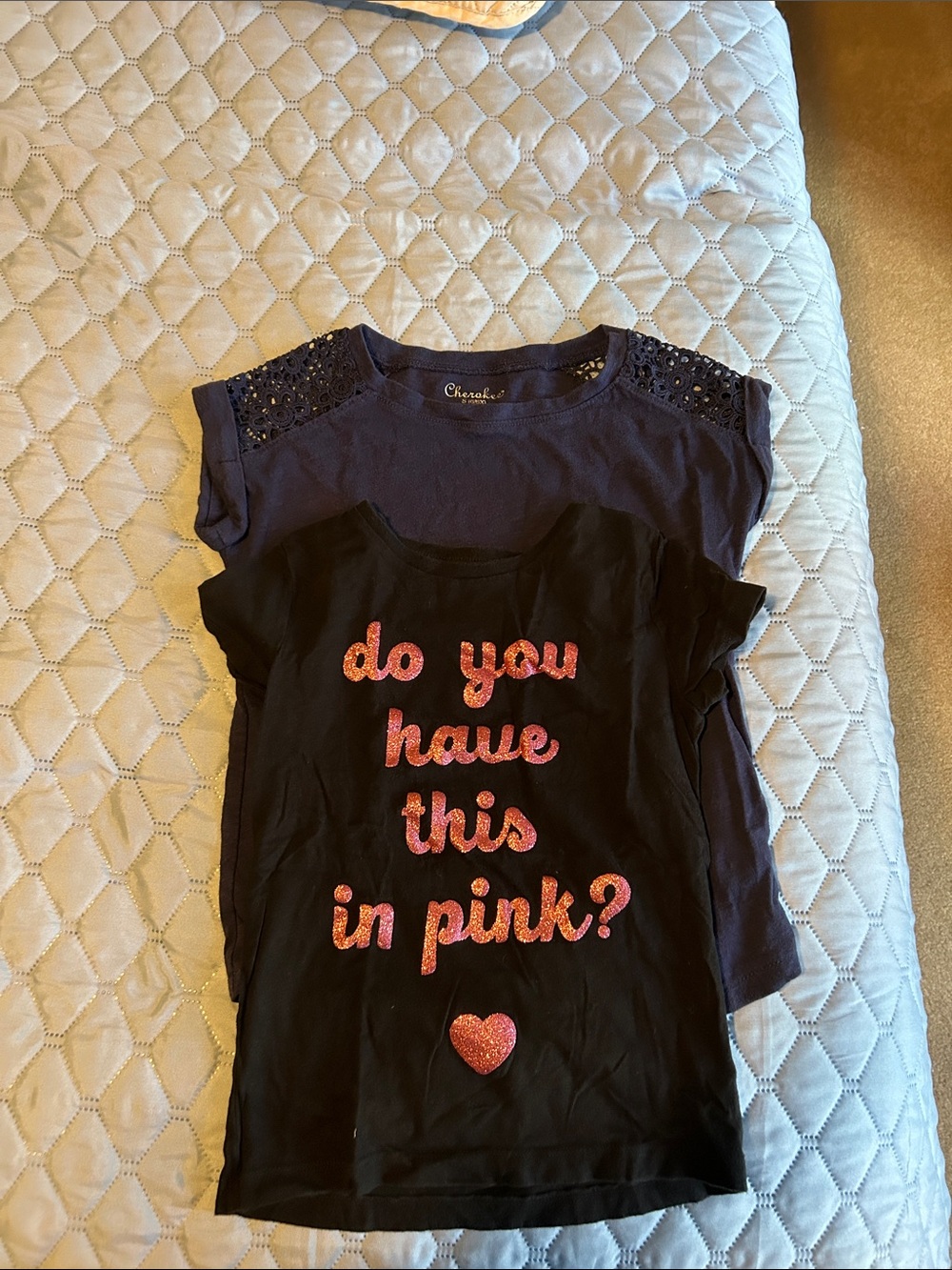 Carter Black Tee with Pink Glitter Script and Cherokee Navy Blouse